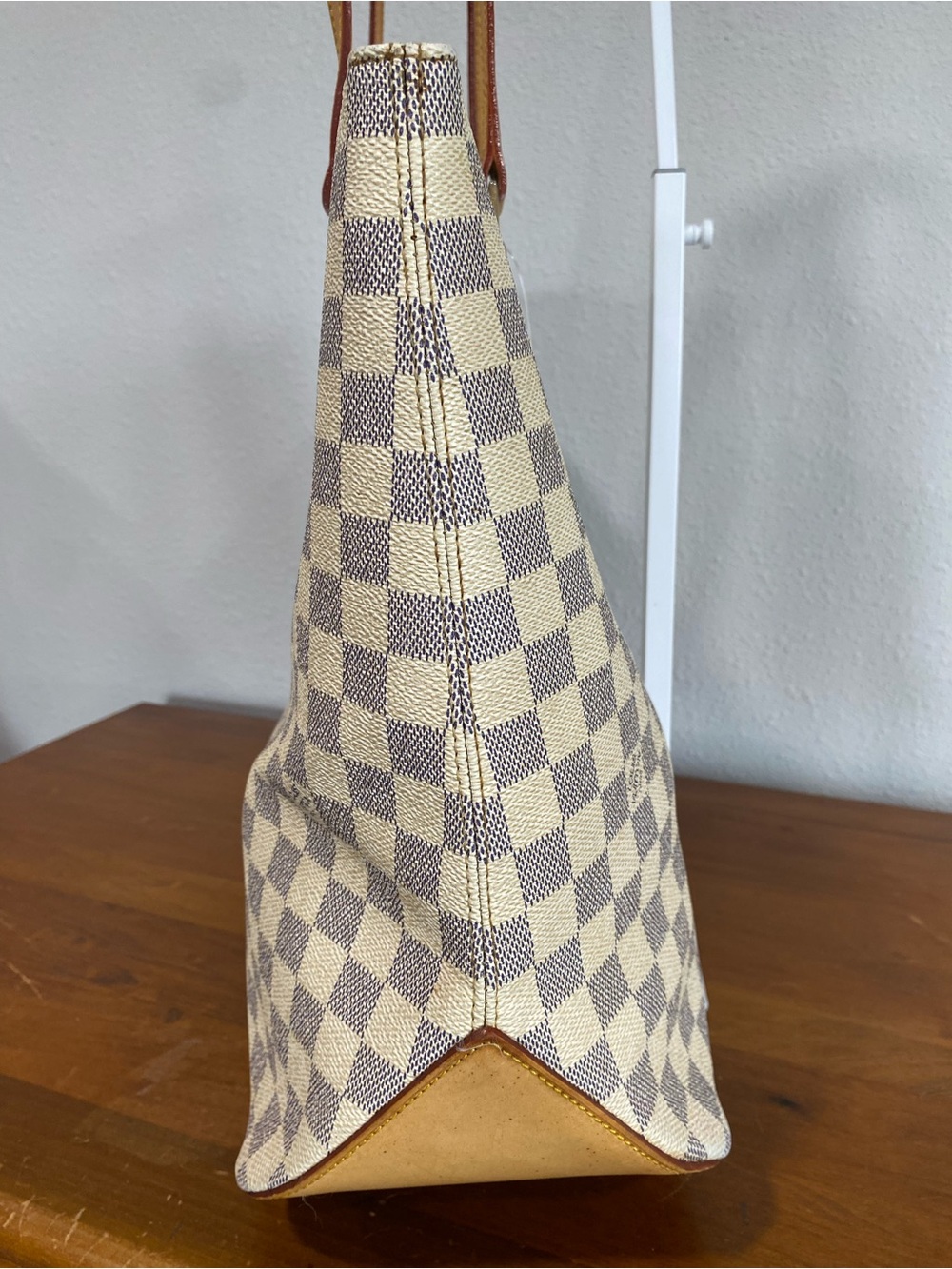Beige Check Canvas Tote with Tan Leather Straps - Picture 5 of 16